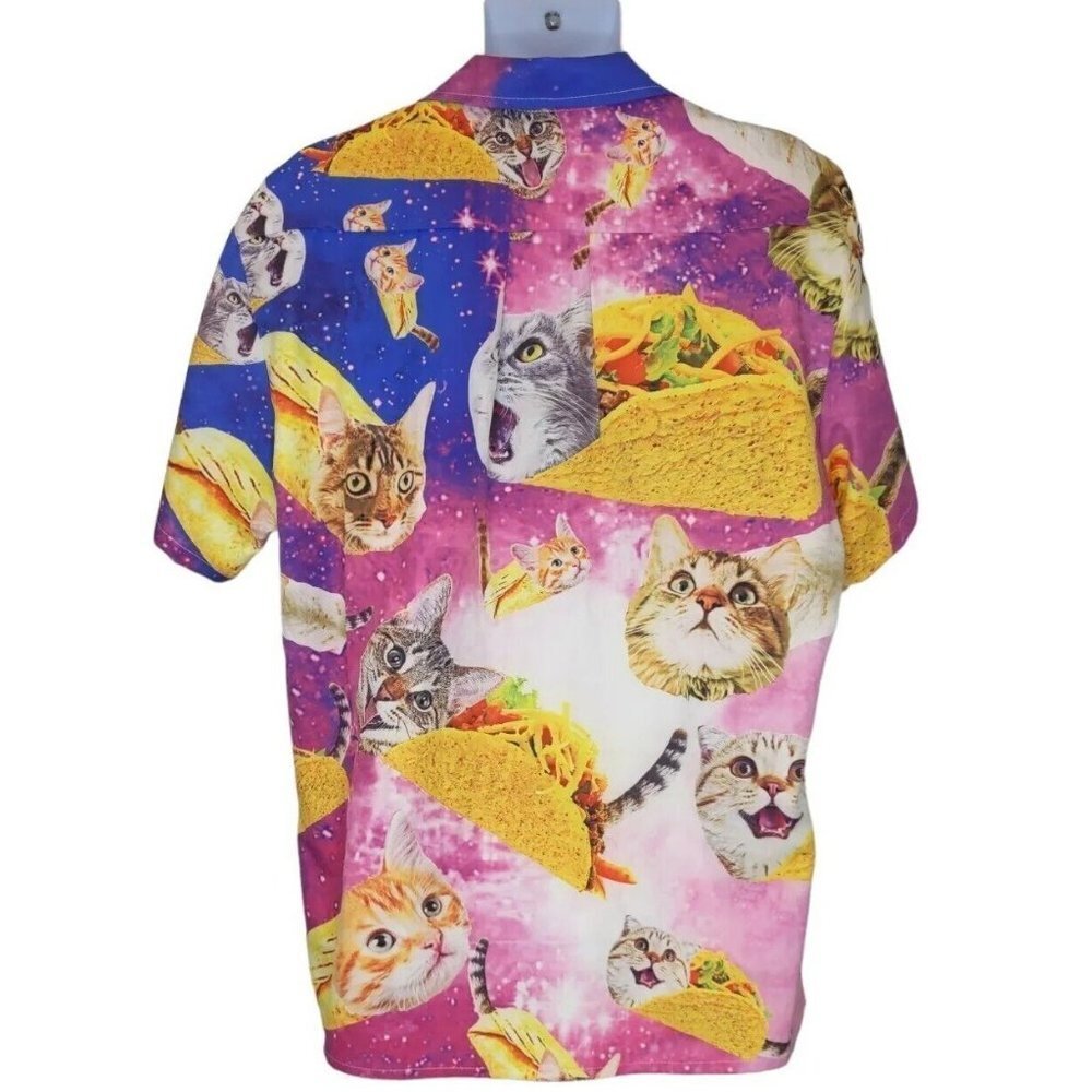 Novelty Cat & Taco Print Short Sleeve Button-Down Shirt - Pink/Blue - Picture 4 of 14